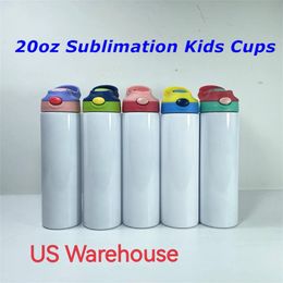US Warehouse 20oz Sublimation Kids Straight Sippy Tumblers con tapa de paja DIY Botella de agua portátil para niños Student Drinking Mug Color mezclado B6