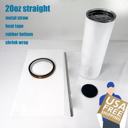 US Warehouse 20oz Sublimatie Straight Tumbler Metal Straw en Rubber Bottom Heat Tape Shrimp Wrap Beginner Set