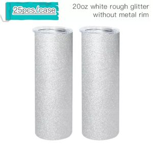 US Warehouse 20oz Sublimatie Wit Rough Glitter Tumbler Rechte lege kopjes zonder metalen rand Proteerbare waterfles met dekselstro B6