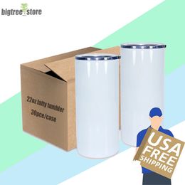 US Warehouse 22oz Sublimatie Straight Fatty Tumbler Rvs Cup Deksels Dubbele Muur Geïsoleerde Koffie Mokken Warmteoverdracht Waterflessen voor Drinken