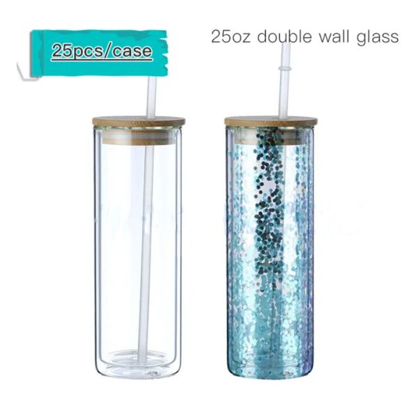 Entrepôt américain 25oz Sublimation Double paroi Gobelet Verre à bière transparent Transfert de chaleur Boîte en verre vierge avec couvercle en bambou Paille Boule de neige de Noël Gobelets B5