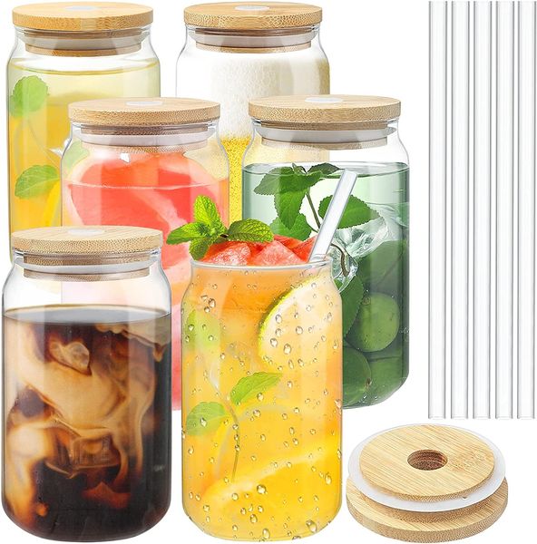 US Warehouse Livraison en 3 jours 16 oz Sublimation Verre Chopes à Bière avec Couvercle en Bambou Paille DIY Blancs Givré Transparent en Forme de Can Gobelets Tasses Transfert de Chaleur Cocktail G0526