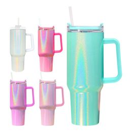 US magazijn 40oz sublimatie Glitter tumbler Shimmer glanzende buitensport waterfles met handvat deksel stro roestvrijstalen vacuüm reismokken 20 stks / doos