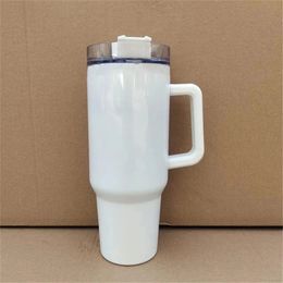 Gobelet en acier inoxydable à sublimation de 40 oz avec poignée colorée, couvercle en paille, bouteille d'eau de grande capacité, tasse de camping en plein air, gobelets isolés sous vide, 12 pièces