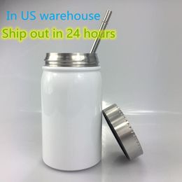 US Warehouse 500 ml Sublimatie Mason Jar Mokken roestvrijstalen koffiekopje draagbare warmte isolatie tumbler stofveilig fles met metalen deksel stro b6 240a