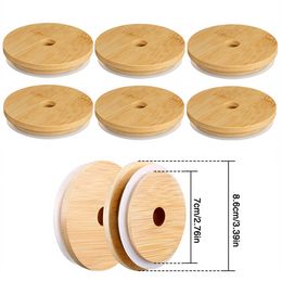 Couvercles de bouchon en bambou d'entrepôt américain 70mm 88mm couvercle de bocal en bois réutilisable avec trou de paille et joint en Silicone FY5015 F0510