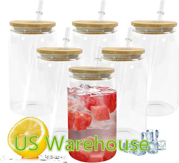 US Warehouse Mason Jar Clear 16 oz Gobelet droit en verre Tasses à sublimation en verre avec couvercle anti-éclaboussures et paille réutilisable à boire b1027