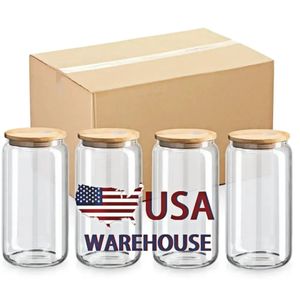 US Warehouse 16oz Mok rechtdoor lege sublimatie Frosted Clear transparante koffieglasbekerbeker met bamboe deksel en stro