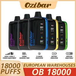 Entrepôt américain Bar Ozi 18000 Puffes Vapes jetables PEN GRAND Affichage LED E Cigarette 5% Vaporisation de bobine en filet de file