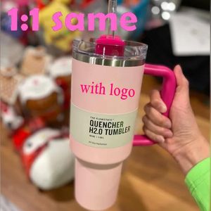 US Warehouse Pink Flamingo Watermelon Moonshine H2.0 40oz 1:1 Copy Tumblers Cups met siliconen handvat Deksel en stro Automokken Blijf drinken Koudwaterfles I1229