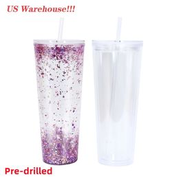 US Warehouse Voorgeboorde 24oz acryl bekers met deksel en rietjes Sneeuwbol beker Dubbelwandige doorzichtige plastic bekers met gat257I