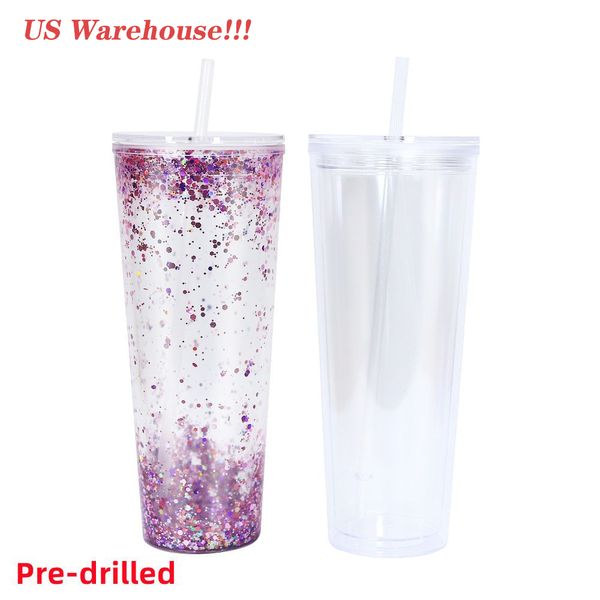 Vasos de acrílico preperforados de 24 oz con tapa y pajitas Vaso de globo de nieve Vasos de plástico transparente de doble pared con tapón de orificio