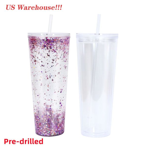 US Warehouse Gobelets en acrylique pré-percés de 24 oz avec couvercle et pailles Gobelet à boule à neige Gobelets en plastique transparent à double paroi avec bouchon de trou