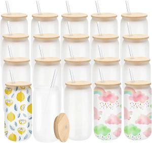 US Warehouse Ship en 24h 16oz Sublimation Tasses en verre givré Tasses vierges avec couvercle en bambou Canette de bière transparente Verres Tumbler Mason Jar Plastique