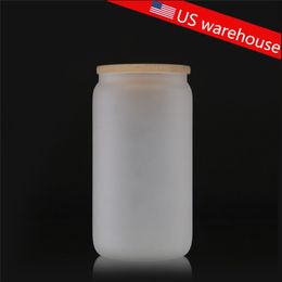 US Warehouse Small Pack 16oz Sublimatie Glassbier MUIMEN WATER BIER Biertje Biertje Glazen tuimelaar Drinkglazen met bamboe kurkdeksel en stro ijs koffie