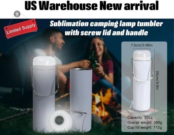 Gobelet de lampe de camping US Warehouse Sublimation 20 oz avec couvercle à vis et poignée LED Tempreture light Portable Outdoor Sports Cup Z11