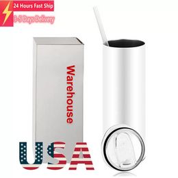 US Warehouse Sublimation Blanks Mugs Gobelets droits en acier inoxydable de 20 oz Gobelet blanc vierge avec couvercles et tasses de transfert de chaleur en paille Bouteilles d'eau 50pcs / Carton