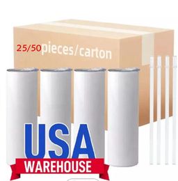 US Warehouse Sublimation Blanks Mugs Gobelets droits en acier inoxydable de 20 oz Gobelet blanc avec couvercles et pailles Tasses de transfert de chaleur Bouteilles d'eau 50 pcs / carton