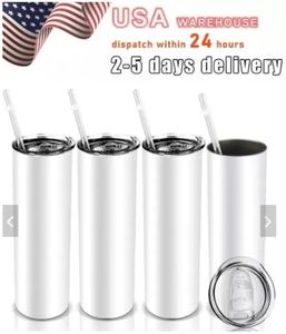 US CAN Magazijn Sublimatie Blanks Tumblers 20oz Roestvrij staal Recht Blank wit met deksels en rietje Warmteoverdrachtbekers Waterflessen 25 stks / doos GJ0309