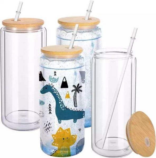 Botellas de agua de almacén de EE. UU. Sublimación de doble pared Vaso de vidrio de 16 oz Vasos con tapa de bambú Tazas de paja reutilizables ss1125