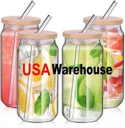 Botellas de agua de almacén de EE. UU. Sublimación 12 oz 16 oz Vasos de vidrio Vasos con tapa de bambú Taza de paja reutilizable Cerveza Taza de soda esmerilada transparente Beber 0101