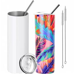 Entrepôt américain tasses blanches gobelet à sublimation 20 oz gobelets droits en acier inoxydable avec paille nouveau