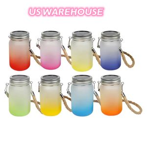 Entrepôt américain en gros 15 oz 450 ml bocaux de maçon en verre de Sublimation avec corde Mason tasse en verre à large bouche dégradé de couleur givré Z11