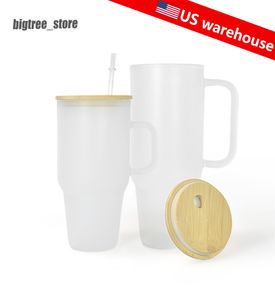 Almacén de EE. UU. Venta al por mayor 32 oz / 42 oz Taza de vidrio de sublimación Vidrio esmerilado transparente Copas de vino Vasos para beber con tapa de bambú y pajitas DIY Rápido