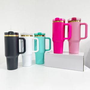 Entrepôt américain en gros H2.0 enduit de poudre gravé 40oz tasse plaquée or tasse en acier inoxydable gobelet de voyage personnalisé avec poignée et paille