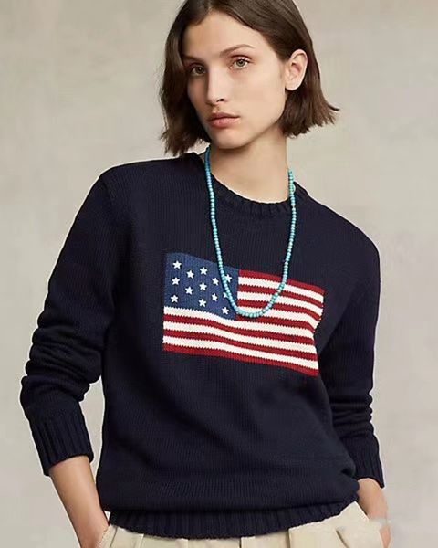 Ropa de abrigo para mujer de EE. UU. Suéter de punto Bandera americana Suéter de cuello redondo 2023 Invierno de alta gama Moda de lujo Cómodo jersey de algodón 100% algodón S-2XL