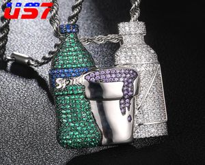 US7 Hele Out Sprite Bottle Cup Pendants Collares Cristal Circón Botella de vino brillante Collar Hip Hop Bling Rapper Jewelry3851990