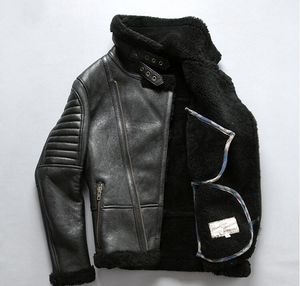 Genuine Leather Jacket Men, Diagonal Zipper Sheepskin Shearling B3 Bomber Flight Jacket