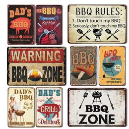 USA BBQ Zone Metal Painting Tin Sign Vintage Dads BBQ Yard Outdoor Party Decoration Plate Retro Barbecue Rules SLOGAN SIGNES 20X30CM