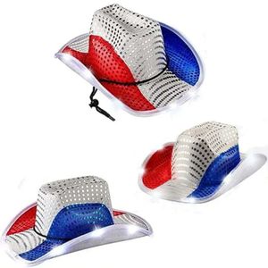 USA Blue Red and Patriotic White Light Up Cowboy Hats LED FLASHING LUMING LUMIN AMERICAN COWGIRL COWGIRL POUR WESTANT INDEPENDENCE JOUR FOURNIR DES FOURNIS 0207