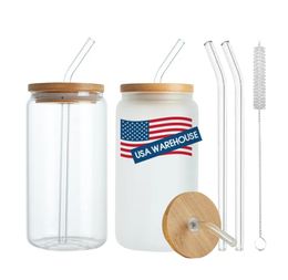 USA CA 16oz Frosted Clear Sublimatie Glas Kan Tumbler Clear Jar met Bamboe Deksel Brede Mond Beer Cup Festival Party