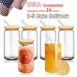 USA CA Warehouse Groothandel 16oz glas, koffiekopje, sublimatie frisdrankbeker, colabeker, met deksel en rietje