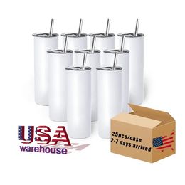 EE. UU. CA Entrega en 2 días 20 oz blancos de sublimación en blanco Botellas de agua de acero inoxidable Vasos de sublimación rectos delgados con pajita NUEVO JY03
