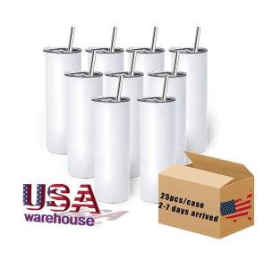 USA CA 2 jours de livraison 20oz blancs de sublimation blanche bouteilles d'eau en acier inoxydable gobelets à sublimation droits maigres avec paille 908