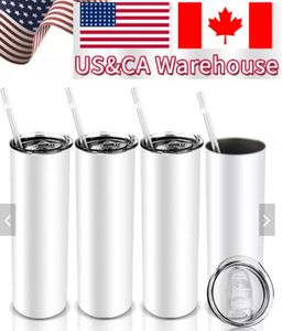 USA/CA 20OZ Sublimation tasse droite bouteilles d'eau en acier inoxydable gobelet tasse à café avec paille flacons sous vide bricolage thermos isolé