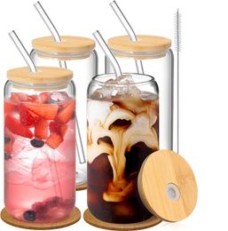 USA/CA beste products16OZ helder glas thee koffiekopje sublimatie tuimelaar drinkglazen met bamboe deksels en glazen rietje