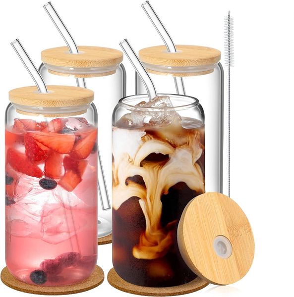 Los mejores productos de EE. UU./CA, 16OZ, taza de té y café de vidrio transparente, vaso de sublimación, vasos para beber con tapas de bambú y pajita de vidrio