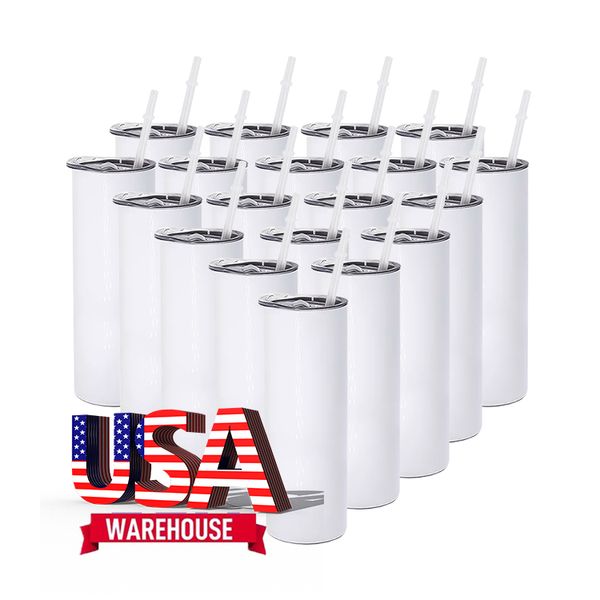 USA / CA Double mur en acier inoxydable gobelers 20 oz en paille droite tasse de café aspirateur isolée tasses de sublimation de sublimation