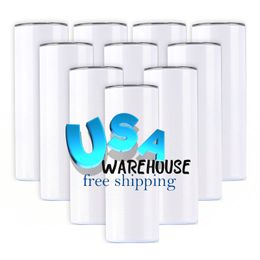 USA CA Livraison gratuite Double paroi Sublimation Blank Cup 20 oz Skinny Sublimation Cup Straight Wall avec paille en plastique et couvercle