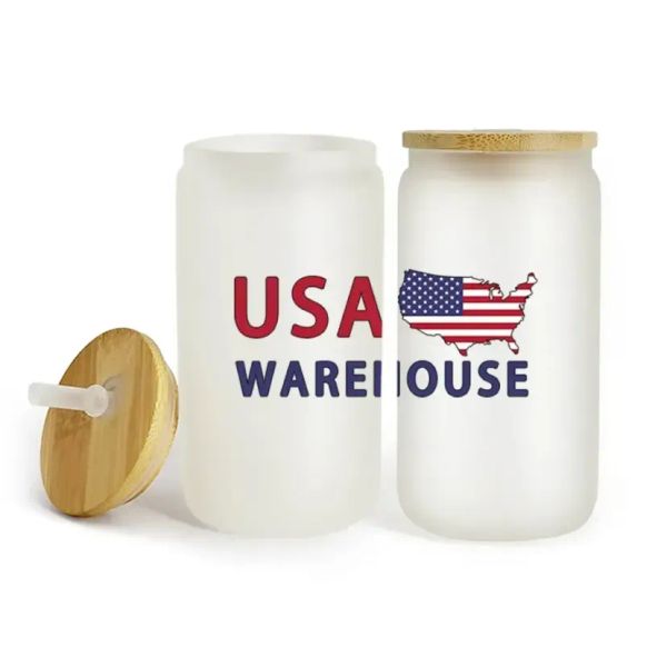 USA / CA Entrepôt local Tasses à bière en verre à sublimation de 16 oz avec couvercles en bambou et gobelets en paille DIY canettes vierges transfert de chaleur tasses à café glacé bocaux Mason 1027