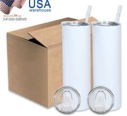 USA / CA Socked 20oz Tasses à sublimation Blanc Droit Slim Gobelets en acier inoxydable isolés Bouteilles d'eau thermos Livraison en 3 jours E1103