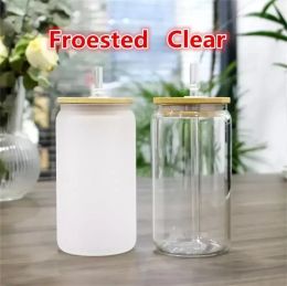 USA CA STOCK Blancs en verre de sublimation de 16 oz avec couvercle en bambou Canette de bière givrée Gobelet en borosilicate Tasses en pot Mason Tasse avec paille en plastique 50pcs / ctn 1028