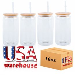 USA CA Voorraad 16oz Sublimatie Glazen Mokken Waterflessen Cup Blanks Met Bamboe Deksel Frosted Bierblikje Glazen Tumbler Mason Jar Plastic Stro JY31