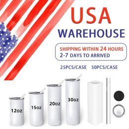 USA CA Stock Taza de 20 oz Sublimación Taza recta en blanco Taza de agua delgada con aislamiento de doble pared de acero inoxidable de 20 oz con tapa y pajita de plástico