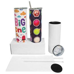 EE. UU. CA Stock 20 oz Tazas con aislamiento al vacío de doble pared Sublimación Vaso de acero inoxidable recto en blanco con paja de plástico 1027