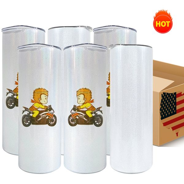 USA/CA STOCK Bouteilles d'eau droites de 20 oz Blancs de sublimation Tasses à café en acier inoxydable avec couvercle et gobelets minces en paille en plastique bb0418